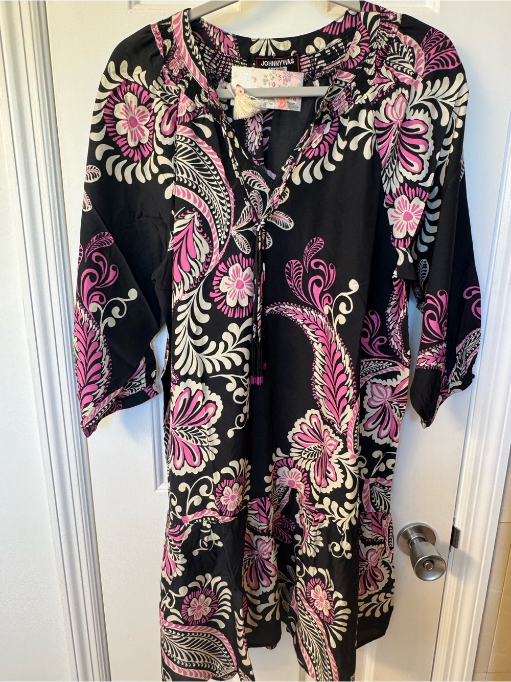 Johnny Was Black Pink Floral 100%silk dress with black dress.